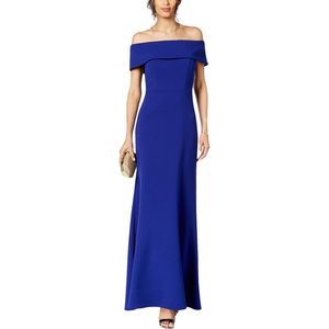 Betsy & Adam Womens Blue Ruffled Off-The-Shoulder Formal Dress Gown Used